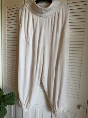 Free People Cream Ribbed Wide-Leg Jumpsuit